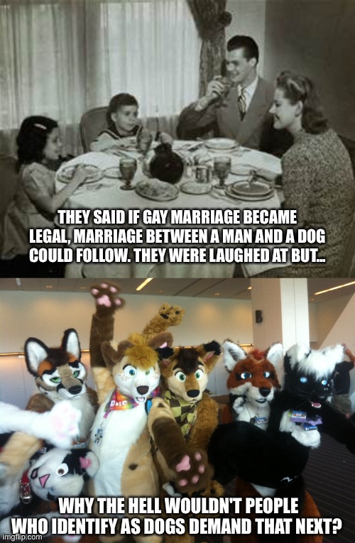 The didn't stop at marriage. They won't stop at peeing next to your 5 year-old daughter, either. | THEY SAID IF GAY MARRIAGE BECAME LEGAL, MARRIAGE BETWEEN A MAN AND A DOG COULD FOLLOW. THEY WERE LAUGHED AT BUT... WHY THE HELL WOULDN'T PEOPLE WHO IDENTIFY AS DOGS DEMAND THAT NEXT? | image tagged in 1950 family meal,furries | made w/ Imgflip meme maker