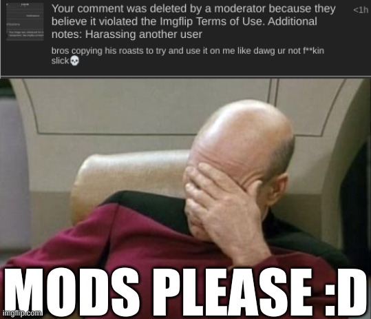 jeez mods.(batim:I can't speak till later today, their fucking woke) | MODS PLEASE :D | image tagged in memes,captain picard facepalm,oh wow are you actually reading these tags | made w/ Imgflip meme maker