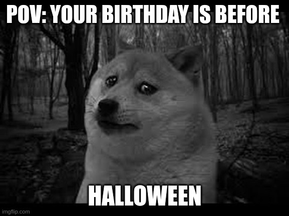 Why is my life like this | POV: YOUR BIRTHDAY IS BEFORE; HALLOWEEN | image tagged in very sad doge | made w/ Imgflip meme maker