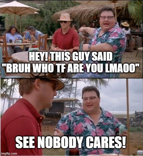 Am i wrong? | HEY! THIS GUY SAID "BRUH WHO TF ARE YOU LMAOO"; SEE NOBODY CARES! | image tagged in memes,see nobody cares,am i wrong | made w/ Imgflip meme maker