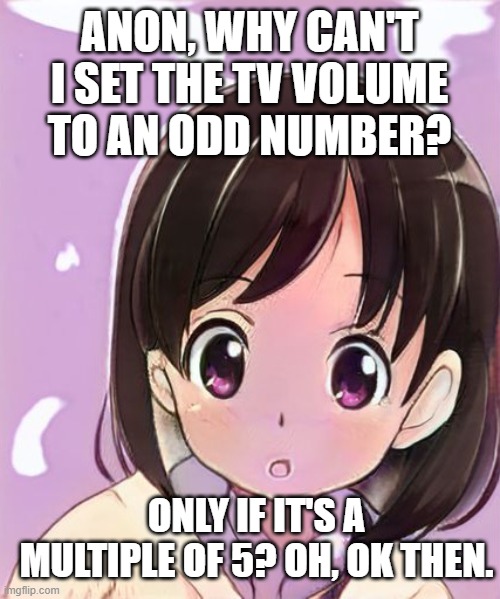 even numbers and multiples of 5 only | ANON, WHY CAN'T I SET THE TV VOLUME TO AN ODD NUMBER? ONLY IF IT'S A MULTIPLE OF 5? OH, OK THEN. | image tagged in anime confused,anime girl,tv,memes,numbers,funny | made w/ Imgflip meme maker