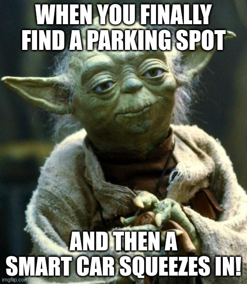 monkey | WHEN YOU FINALLY FIND A PARKING SPOT; AND THEN A SMART CAR SQUEEZES IN! | image tagged in memes,star wars yoda | made w/ Imgflip meme maker