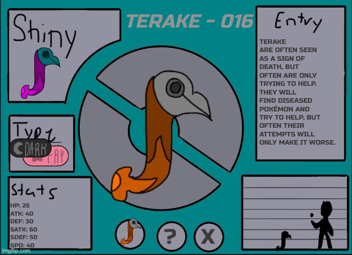 No, it is not Dark/Fry type. Fry is just short for ‘Fairy’. | TERAKE - 016; TERAKE ARE OFTEN SEEN AS A SIGN OF DEATH, BUT OFTEN ARE ONLY TRYING TO HELP. THEY WILL FIND DISEASED POKÉMON AND TRY TO HELP, BUT OFTEN THEIR ATTEMPTS WILL ONLY MAKE IT WORSE. HP: 25
ATK: 40
DEF: 30
SATK: 60
SDEF: 50
SPD: 40; ?    X | image tagged in pok mon display template | made w/ Imgflip meme maker