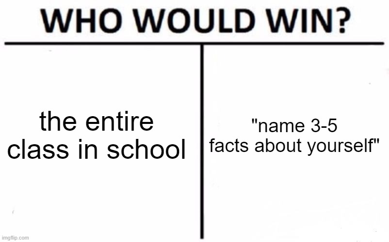 hardest question vs smartest kids | the entire class in school; "name 3-5 facts about yourself" | image tagged in memes,who would win | made w/ Imgflip meme maker