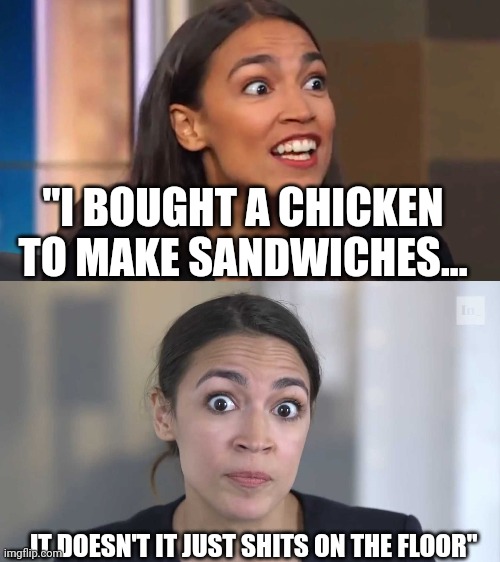 Not aok | "I BOUGHT A CHICKEN TO MAKE SANDWICHES... ....IT DOESN'T IT JUST SHITS ON THE FLOOR" | image tagged in crazy aoc,aoc stumped | made w/ Imgflip meme maker