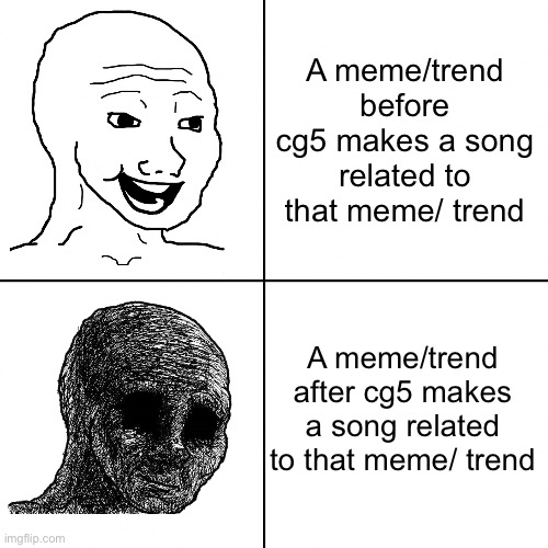 Cg5 is thanks as he snaps to ruin memes and end them | A meme/trend before cg5 makes a song related to that meme/ trend; A meme/trend after cg5 makes a song related to that meme/ trend | image tagged in happy wojak vs depressed wojak,memes,cg5,funny,so true memes | made w/ Imgflip meme maker