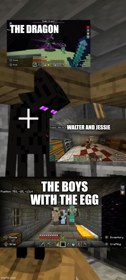 Enderman looking at memories | THE DRAGON; WALTER AND JESSIE; THE BOYS WITH THE EGG | image tagged in enderman looking at memories | made w/ Imgflip meme maker