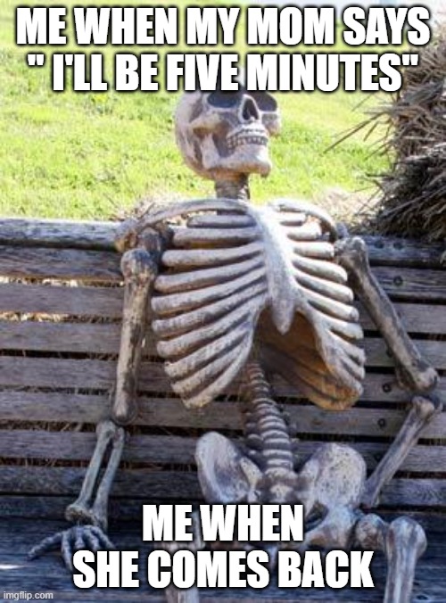 Waiting Skeleton | ME WHEN MY MOM SAYS " I'LL BE FIVE MINUTES"; ME WHEN SHE COMES BACK | image tagged in memes,waiting skeleton | made w/ Imgflip meme maker