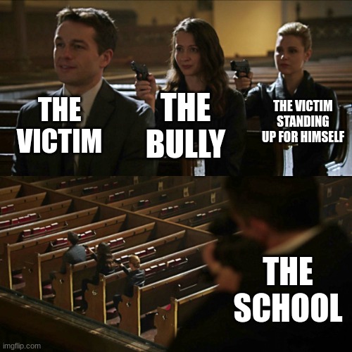 Assassination chain | THE VICTIM THE BULLY THE VICTIM STANDING UP FOR HIMSELF THE SCHOOL | image tagged in assassination chain | made w/ Imgflip meme maker