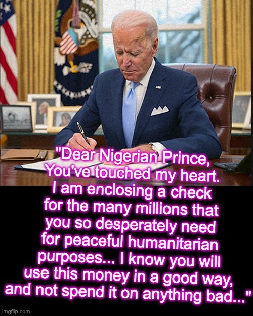 [warning: gullible incompetent satire] | "Dear Nigerian Prince,
 You've touched my heart. 
I am enclosing a check for the many millions that you so desperately need for peaceful humanitarian purposes... I know you will use this money in a good way, and not spend it on anything bad..." | image tagged in funny memes,black box,joe biden,terrorism,money | made w/ Imgflip meme maker