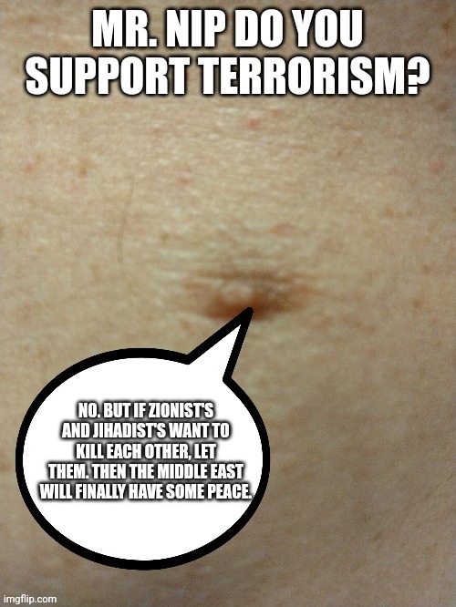 Less monotheism leads to less violence against everyone. | MR. NIP DO YOU SUPPORT TERRORISM? NO. BUT IF ZIONIST'S AND JIHADIST'S WANT TO KILL EACH OTHER, LET THEM. THEN THE MIDDLE EAST WILL FINALLY HAVE SOME PEACE. | image tagged in sezmo's third nipple | made w/ Imgflip meme maker