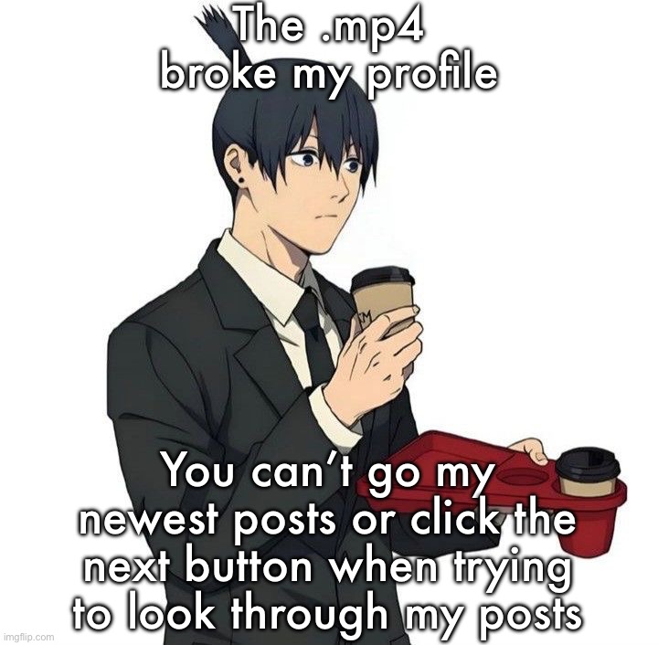 Aki | The .mp4 broke my profile; You can’t go my newest posts or click the next button when trying to look through my posts | image tagged in aki | made w/ Imgflip meme maker