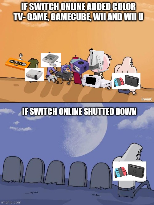 Nintendo Switch Online | IF SWITCH ONLINE ADDED COLOR TV- GAME, GAMECUBE, WII AND WII U; IF SWITCH ONLINE SHUTTED DOWN | image tagged in skips sitting next to graves | made w/ Imgflip meme maker