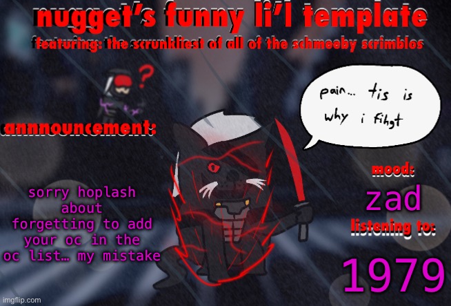 i’m an idiot | sorry hoplash about forgetting to add your oc in the oc list… my mistake; zad; 1979 | image tagged in the adventures of ripper cat | made w/ Imgflip meme maker