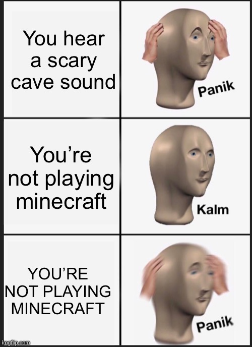 Guess im screwed | You hear a scary cave sound; You’re not playing minecraft; YOU’RE NOT PLAYING MINECRAFT | image tagged in panik calm panik,memes,funny,scary,minecraft | made w/ Imgflip meme maker
