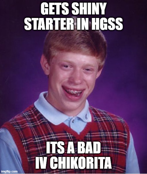 bro has the WORST shiny luck ever | GETS SHINY STARTER IN HGSS; ITS A BAD IV CHIKORITA | image tagged in memes,bad luck brian,shiny,hgss,chikorita,bad iv | made w/ Imgflip meme maker