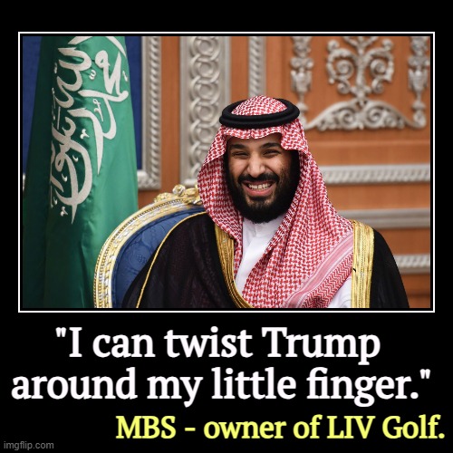 "I can twist Trump 
around my little finger." | MBS - owner of LIV Golf. | image tagged in funny,demotivationals,mbs,saudi arabia,trump,jellyfish | made w/ Imgflip demotivational maker
