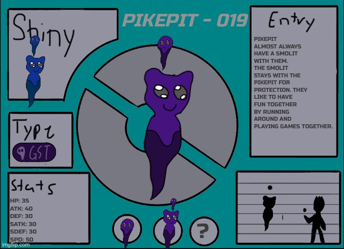 Pikepit - 019 | PIKEPIT - 019; PIKEPIT ALMOST ALWAYS HAVE A SMOLIT WITH THEM. THE SMOLIT STAYS WITH THE PIKEPIT FOR PROTECTION. THEY LIKE TO HAVE FUN TOGETHER BY RUNNING AROUND AND PLAYING GAMES TOGETHER. HP: 35
ATK: 40
DEF: 30
SATK: 30
SDEF: 30
SPD: 50; ? | image tagged in pok mon display template | made w/ Imgflip meme maker