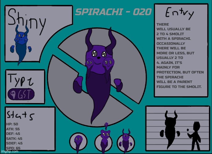 Spirachi - 020 | SPIRACHI - 020; THERE WILL USUALLY BE 2 TO 4 SMOLIT WITH A SPIRACHI. OCCASIONALLY THERE WILL BE MORE OR LESS, BUT USUALLY 2 TO 4. AGAIN, IT’S MAINLY FOR PROTECTION, BUT OFTEN THE SPIRACHI WILL BE A PARENT FIGURE TO THE SMOLIT. HP: 50
ATK: 55
DEF: 45
SATK: 45
SDEF: 45
SPD: 65 | image tagged in pok mon display template | made w/ Imgflip meme maker