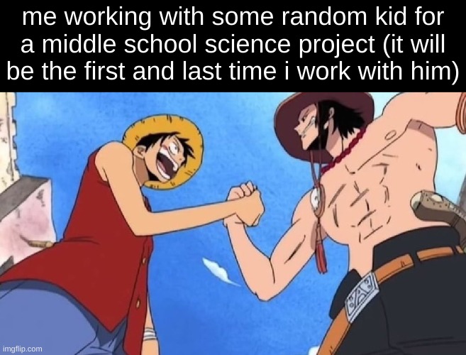 "are we friends?"     "no"    "okay, cool" | me working with some random kid for a middle school science project (it will be the first and last time i work with him) | image tagged in luffy and ace,memes,school,middle school,one piece | made w/ Imgflip meme maker