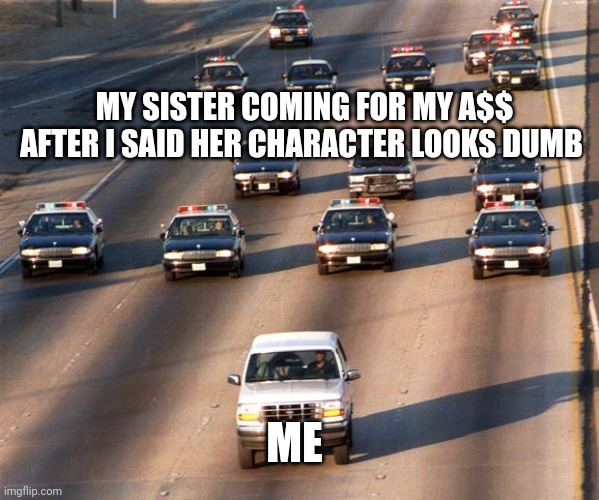 Siblings, man. | MY SISTER COMING FOR MY A$$ AFTER I SAID HER CHARACTER LOOKS DUMB; ME | image tagged in oj simpson police chase | made w/ Imgflip meme maker
