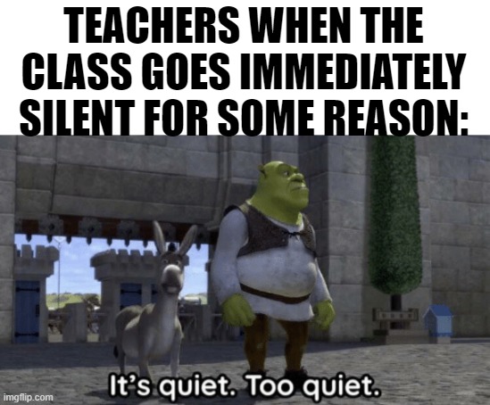 Image Title? That's been missing for years now. | TEACHERS WHEN THE CLASS GOES IMMEDIATELY SILENT FOR SOME REASON: | image tagged in it s quiet too quiet shrek,school,class,teachers,memes,relatable | made w/ Imgflip meme maker
