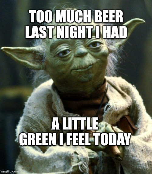 Star Wars Yoda | TOO MUCH BEER LAST NIGHT I HAD; A LITTLE GREEN I FEEL TODAY | image tagged in memes,star wars yoda | made w/ Imgflip meme maker