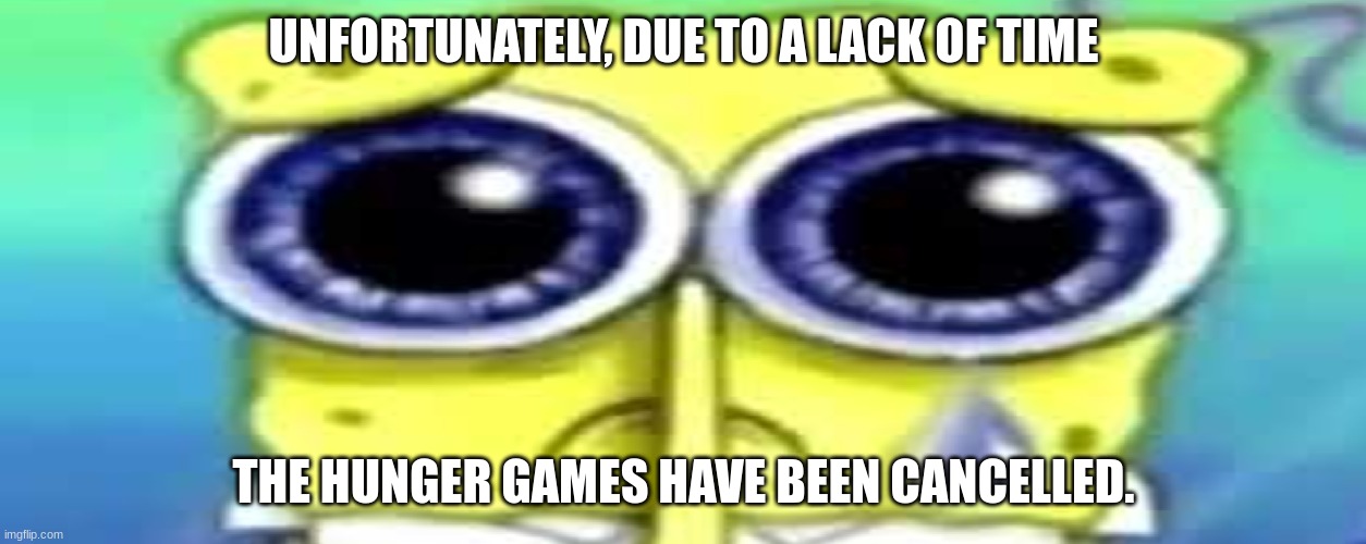 They shall resume when I have more time. | UNFORTUNATELY, DUE TO A LACK OF TIME; THE HUNGER GAMES HAVE BEEN CANCELLED. | made w/ Imgflip meme maker