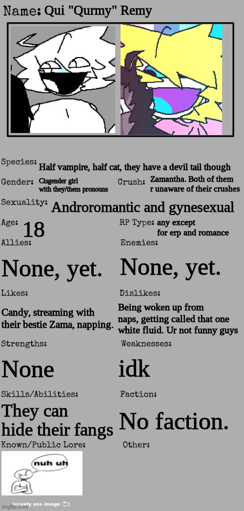 oh heavens! | Qui "Qurmy" Remy; Half vampire, half cat, they have a devil tail though; Zamantha. Both of them r unaware of their crushes; Cisgender girl with they/them pronouns; Androromantic and gynesexual; 18; any except for erp and romance; None, yet. None, yet. Being woken up from naps, getting called that one white fluid. Ur not funny guys; Candy, streaming with their bestie Zama, napping. idk; None; They can hide their fangs; No faction. (crusty ass image 💀) | image tagged in new oc showcase for rp stream | made w/ Imgflip meme maker