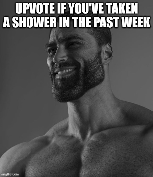 Giga Chad | UPVOTE IF YOU'VE TAKEN A SHOWER IN THE PAST WEEK | image tagged in giga chad | made w/ Imgflip meme maker