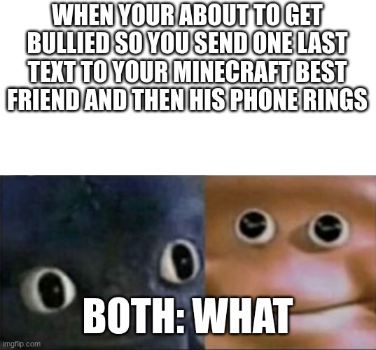 that would be my reaction | WHEN YOUR ABOUT TO GET BULLIED SO YOU SEND ONE LAST TEXT TO YOUR MINECRAFT BEST FRIEND AND THEN HIS PHONE RINGS; BOTH: WHAT | image tagged in blank stare dragon | made w/ Imgflip meme maker