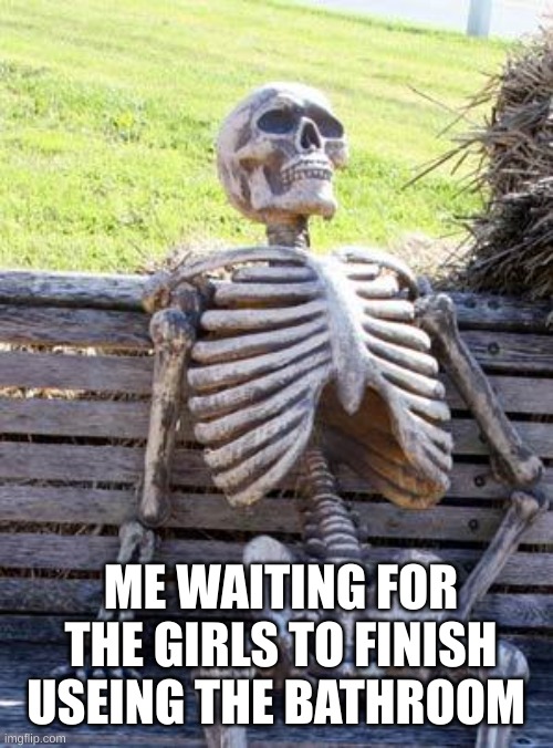 Waiting Skeleton | ME WAITING FOR THE GIRLS TO FINISH USEING THE BATHROOM | image tagged in memes,waiting skeleton | made w/ Imgflip meme maker