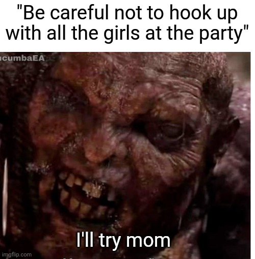 I Will try mom | "Be careful not to hook up with all the girls at the party"; I'll try mom | image tagged in ugly,meme | made w/ Imgflip meme maker