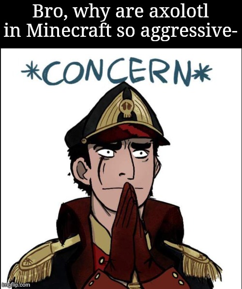 I released a few near a ocean and they started attacking the fish and squid- | Bro, why are axolotl in Minecraft so aggressive- | image tagged in commissar concern | made w/ Imgflip meme maker