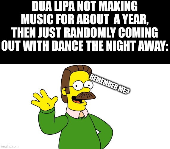 The song is still good tho:) | DUA LIPA NOT MAKING MUSIC FOR ABOUT  A YEAR, THEN JUST RANDOMLY COMING OUT WITH DANCE THE NIGHT AWAY:; REMEMBER ME? | image tagged in ned flanders wave,dua lipa | made w/ Imgflip meme maker