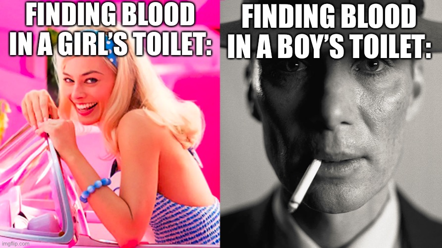 Idea I had | FINDING BLOOD IN A GIRL’S TOILET:; FINDING BLOOD IN A BOY’S TOILET: | image tagged in barbenheimer | made w/ Imgflip meme maker