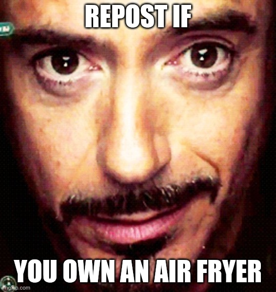 Tony Stark Repost | REPOST IF; YOU OWN AN AIR FRYER | image tagged in tony stark repost | made w/ Imgflip meme maker