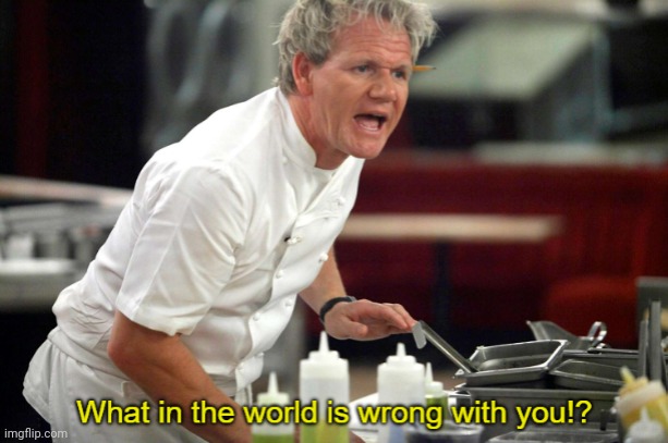 Gordan Ramsay What in the World is Wrong With You | image tagged in gordan ramsay what in the world is wrong with you | made w/ Imgflip meme maker