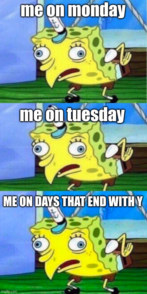 me on monday; me on tuesday; ME ON DAYS THAT END WITH Y | image tagged in memes,mocking spongebob,spongebob stupid | made w/ Imgflip meme maker