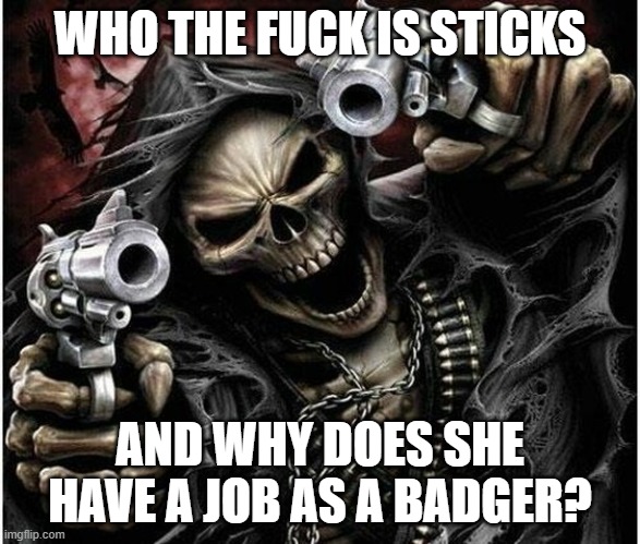 @Pump | WHO THE FUCK IS STICKS AND WHY DOES SHE HAVE A JOB AS A BADGER? | image tagged in badass skeleton | made w/ Imgflip meme maker