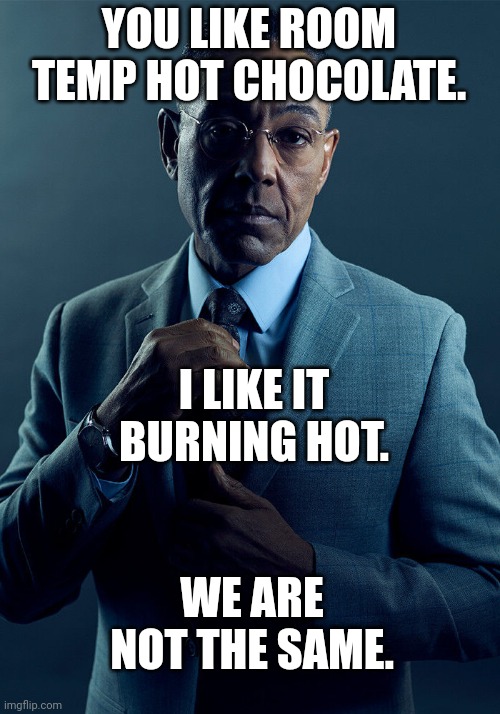 Gus Fring we are not the same | YOU LIKE ROOM TEMP HOT CHOCOLATE. I LIKE IT BURNING HOT. WE ARE NOT THE SAME. | image tagged in gus fring we are not the same | made w/ Imgflip meme maker