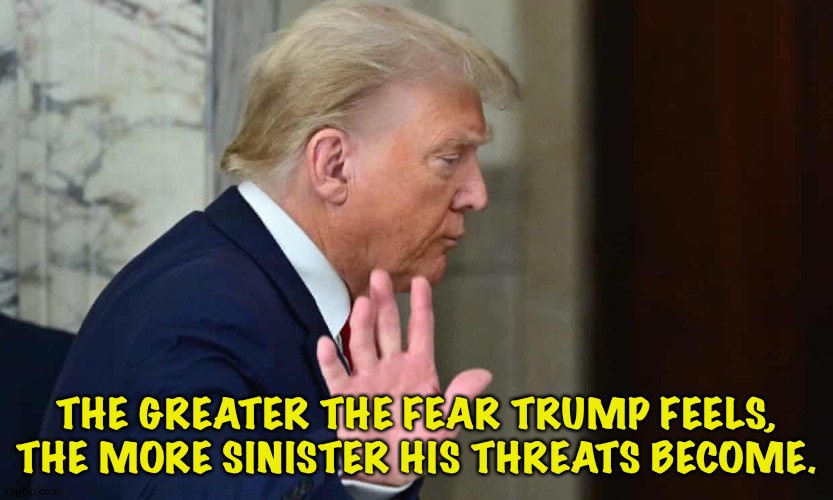 Trump is truly afraid. | THE GREATER THE FEAR TRUMP FEELS, THE MORE SINISTER HIS THREATS BECOME. | image tagged in trump | made w/ Imgflip meme maker