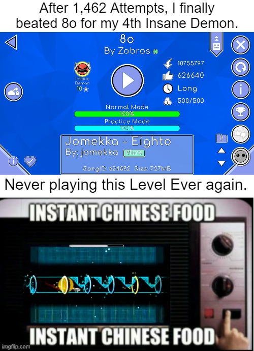 I beat 8o, My New Least Favorite Demon. | After 1,462 Attempts, I finally beated 8o for my 4th Insane Demon. Never playing this Level Ever again. | image tagged in instant chinese food,achievement | made w/ Imgflip meme maker