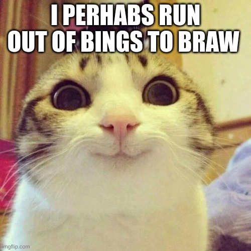 Smiling Cat | I PERHABS RUN OUT OF BINGS TO BRAW | image tagged in memes,smiling cat | made w/ Imgflip meme maker