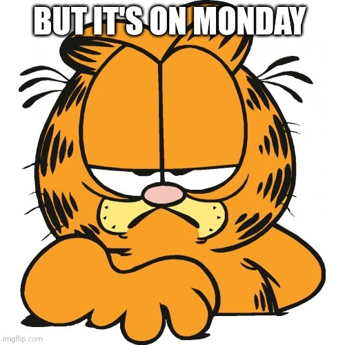 Garfield | BUT IT'S ON MONDAY | image tagged in garfield | made w/ Imgflip meme maker