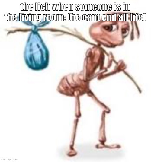 Sad ant with bindle | the lich when someone is in the living room: (he cant end all life) | image tagged in sad ant with bindle | made w/ Imgflip meme maker