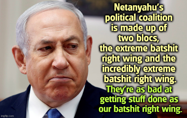Right wingers scr*w everything up. | Netanyahu's 
political coalition 
is made up of 
two blocs, 
the extreme batshit 
right wing and the 
incredibly extreme 
batshit right wing. They're as bad at 
getting stuff done as 
our batshit right wing. | image tagged in netanyahu,israel,government,conservative,right wing,bats | made w/ Imgflip meme maker