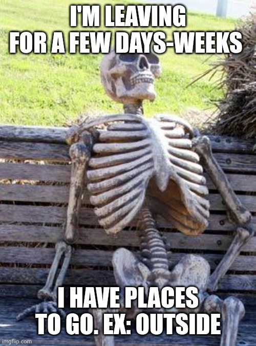 Waiting Skeleton | I'M LEAVING FOR A FEW DAYS-WEEKS; I HAVE PLACES TO GO. EX: OUTSIDE | image tagged in memes,waiting skeleton | made w/ Imgflip meme maker