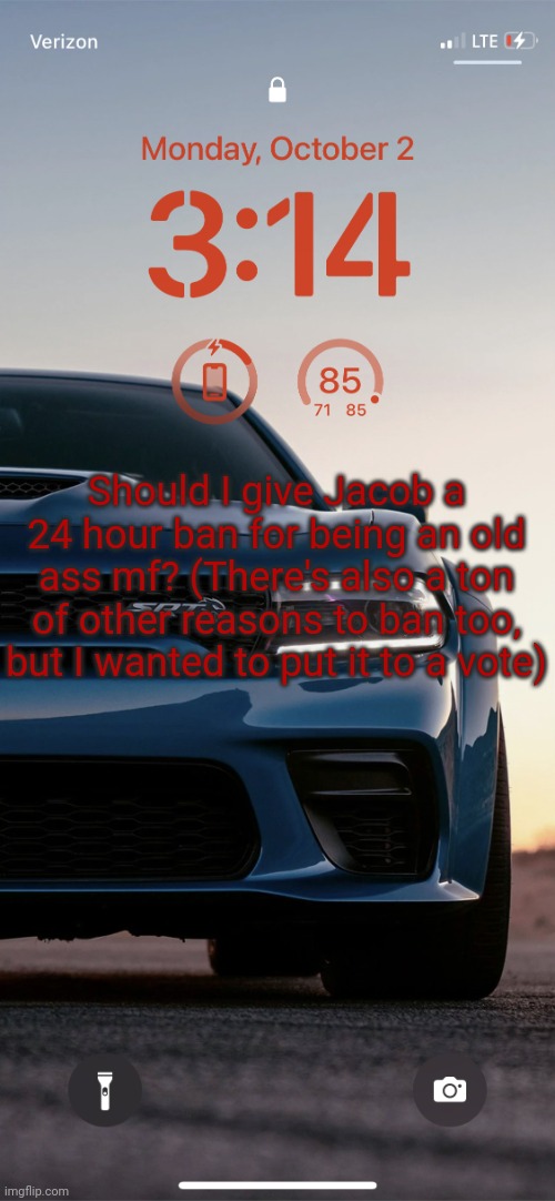 If 24 seems extreme, we can do 8 hours | Should I give Jacob a 24 hour ban for being an old ass mf? (There's also a ton of other reasons to ban too, but I wanted to put it to a vote) | image tagged in sallie may's hellcat temp | made w/ Imgflip meme maker