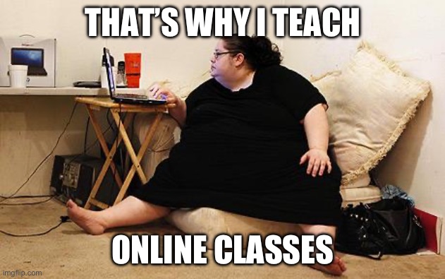 Obese Woman at Computer | THAT’S WHY I TEACH ONLINE CLASSES | image tagged in obese woman at computer | made w/ Imgflip meme maker